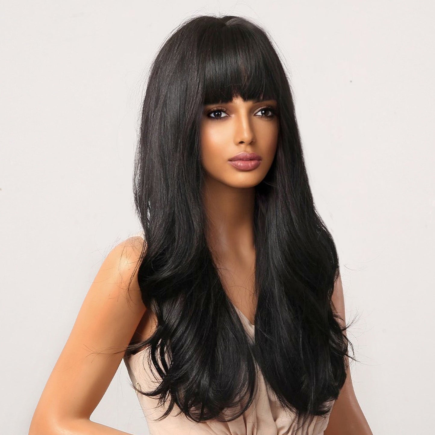 LC2051-1 26 Inches Long Curly BlackWigs with Bangs Synthetic Wigs Women's Wigs for Daily or Cosplay Use