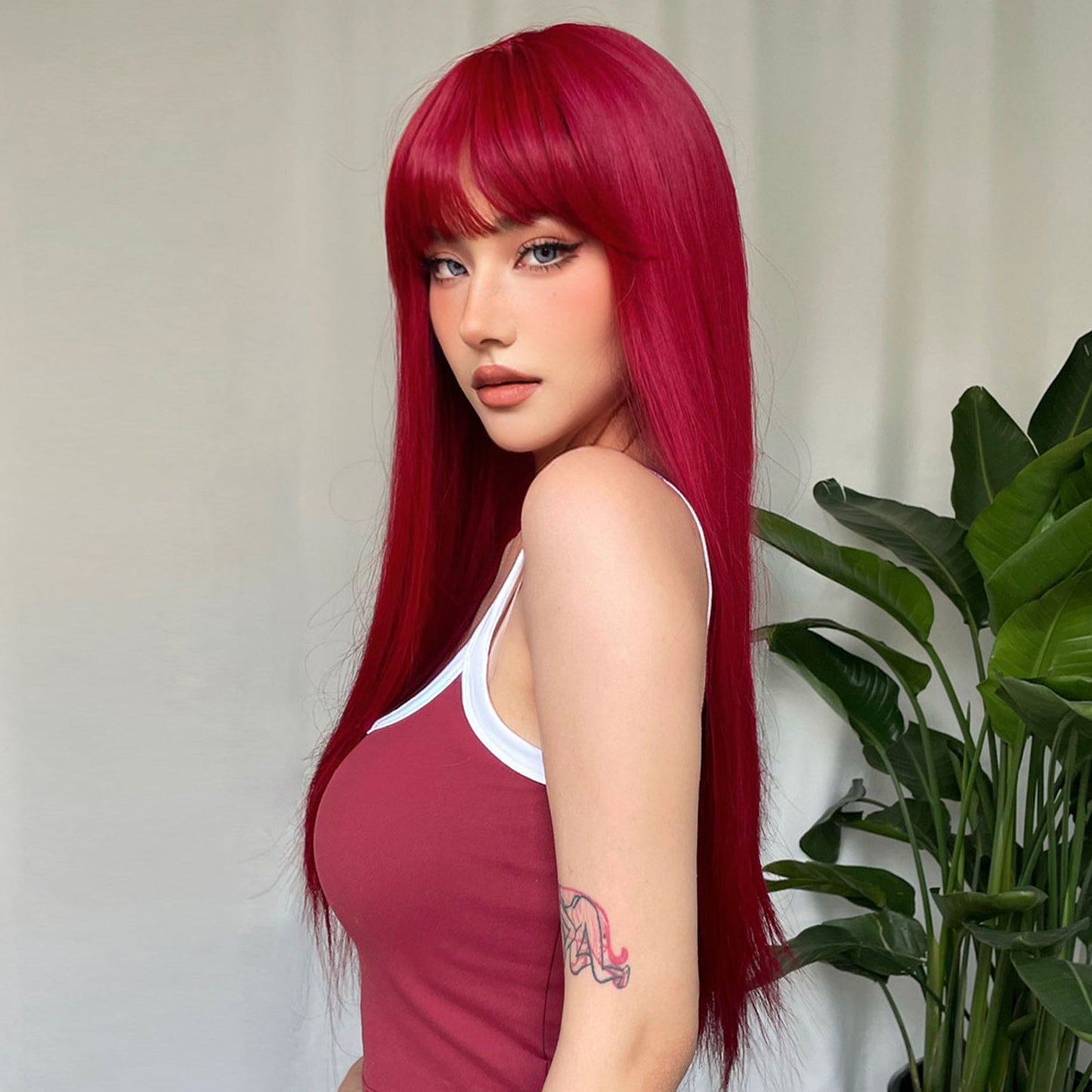 WL1084-1 18 Inch long straight wigs red with bangs wigs for women