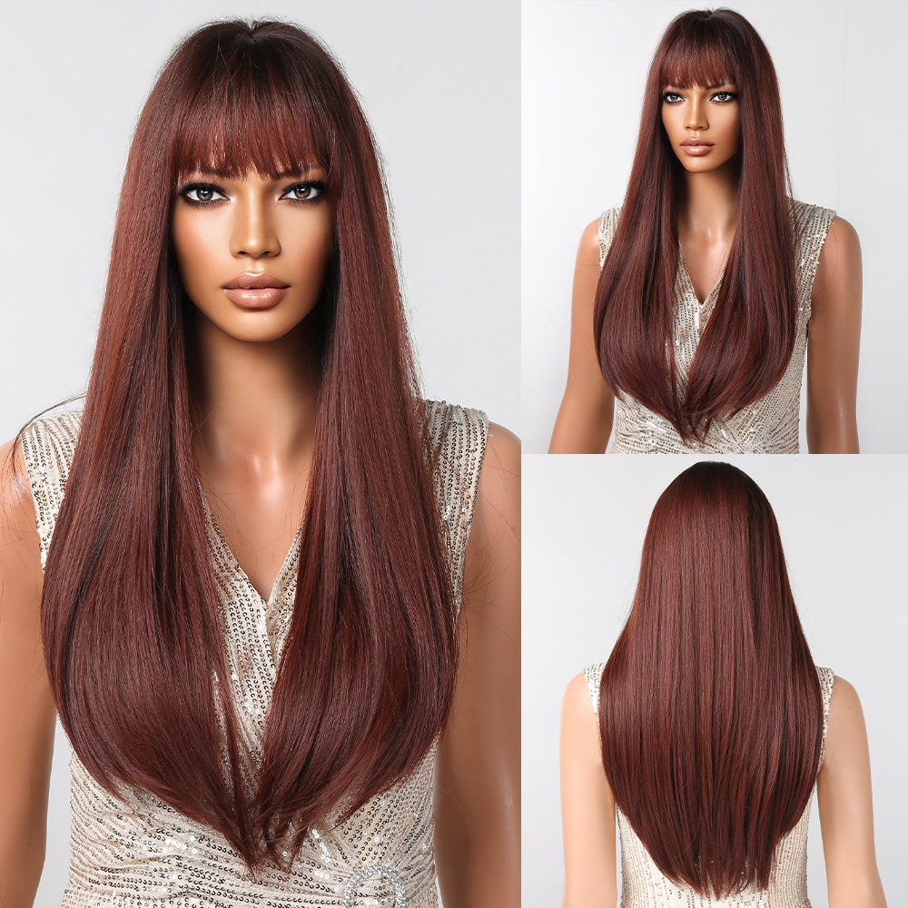 LC2096-2 28 inch Long straight wigs black ombre wine red Wigs with bangs wigs