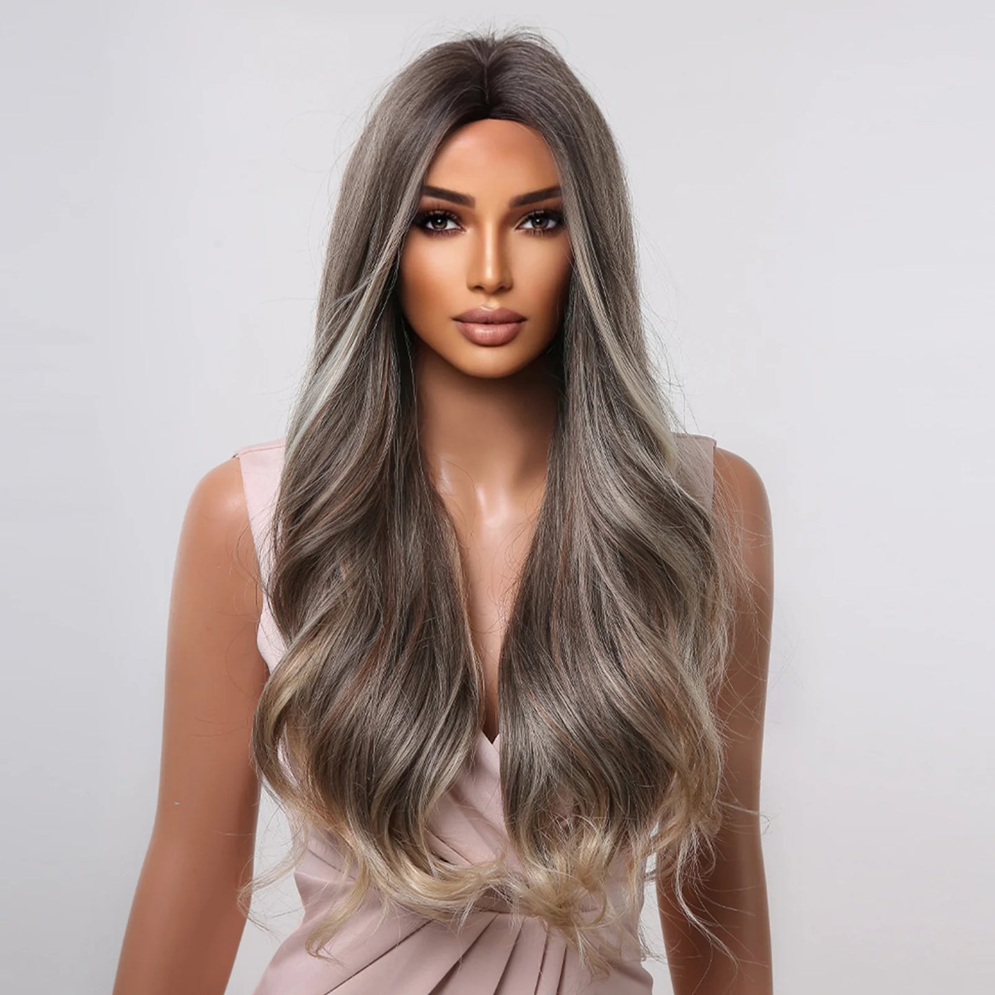 LC2008-3  24 Inches Long Curly Black Gray Wigs with Ivory Highlight Women's Wigs for Daily or Cosplay Use