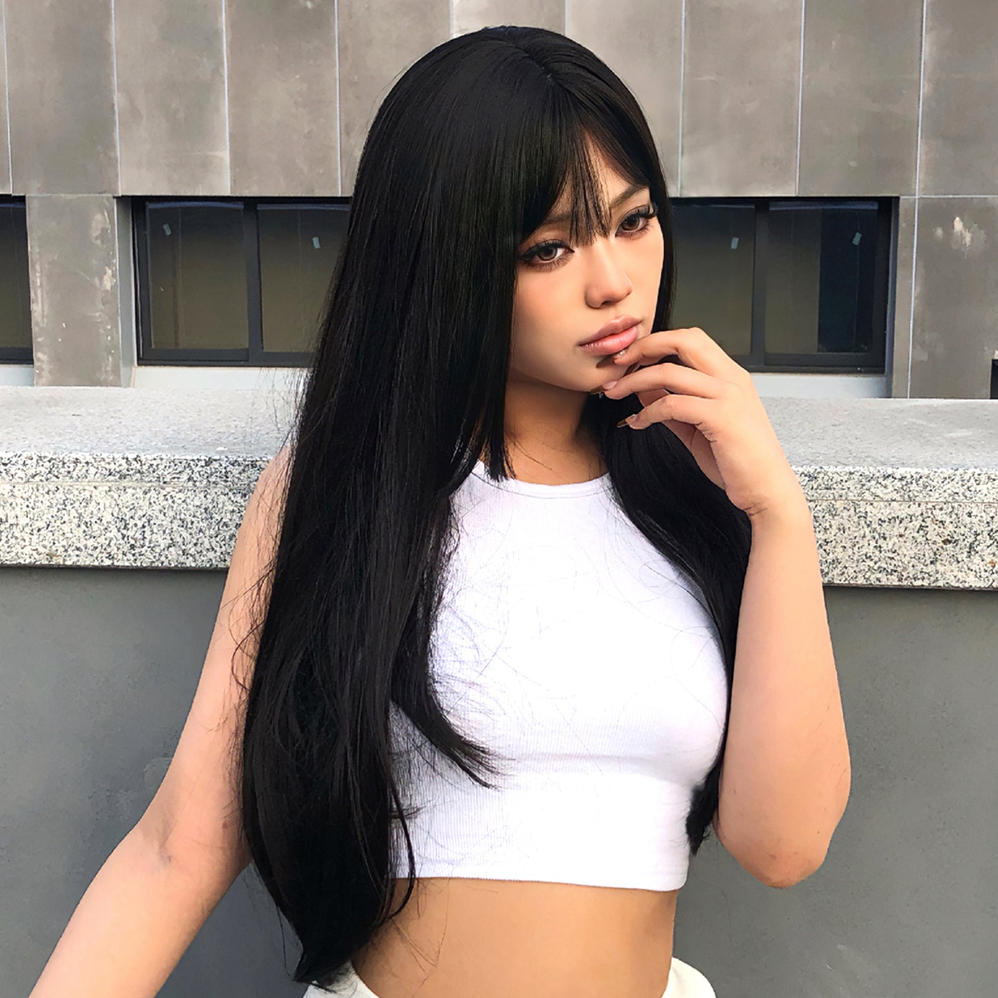 WL1053-1 24 Inches Long Straight Black Wigs with Bangs Women's Wigs for Daily,Party or Cosplay Use WL