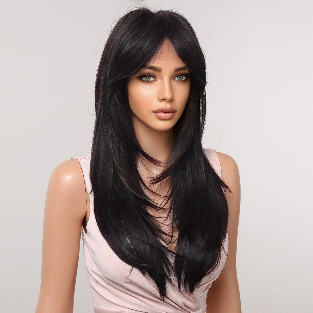 LC2068-8 22 Inches Long Straight Black Wigs Layered Wigs Synthetic Wigs for Women for Daily or Cosplay Use