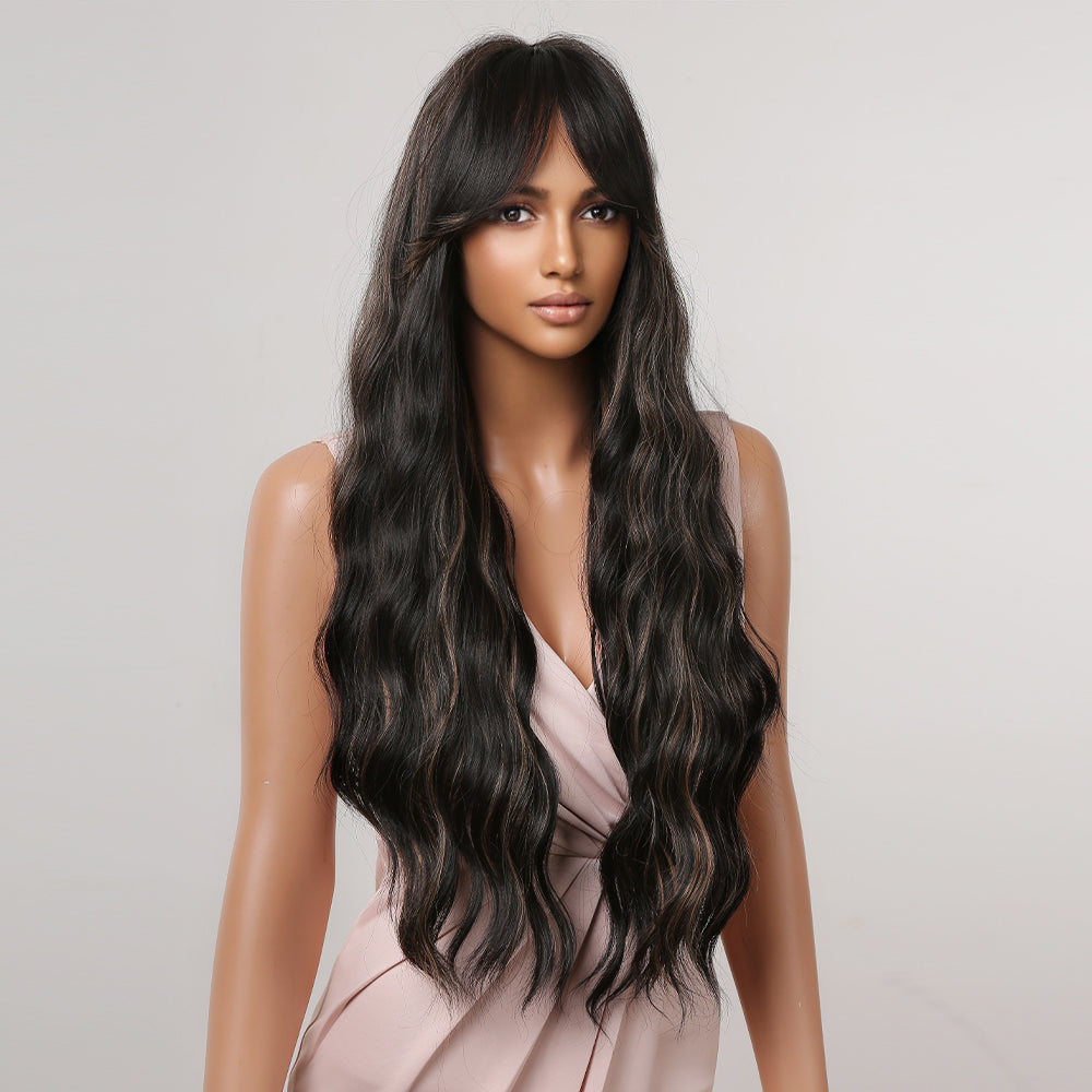 LC2077-1  24 Inches Long Curly Lack Wigs wirh Bangs and Blonde Highlight Women's Wigs for Daily or Cosplay Use