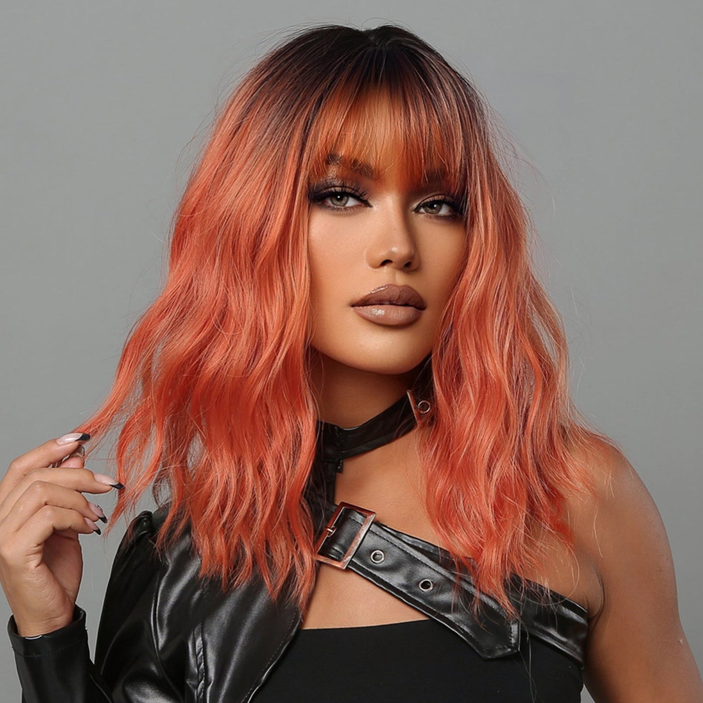 LC2013-1 18 Inches Long Curly Red Wigs with Bnags and Black Roots Synthetic Wigs Women's Wigs for Daily or Cosplay Use