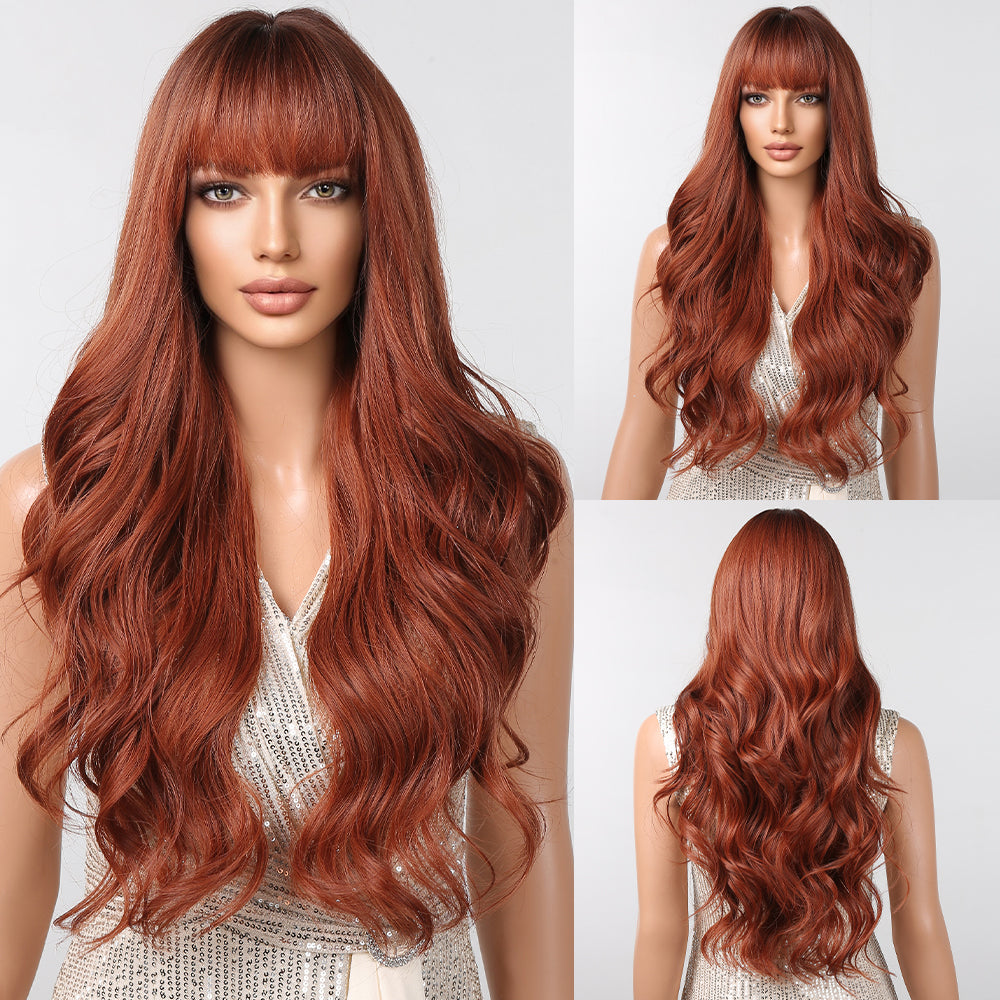 LC2097-2 30 Inch brown long curly wigs with bangs wigs for women