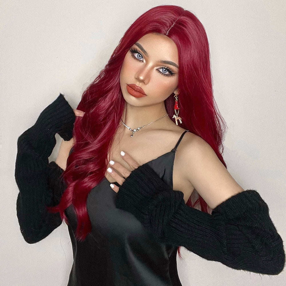 LC6144-1 24 Inches Long Curly Wine Red Wigs Synthetic Wigs Women's Wigs for Daily Use,Cosplay or Party Taking Photos