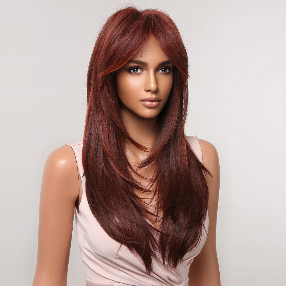 LC2068-3 22 Inch-long red straight wigs with bangs wigs for women