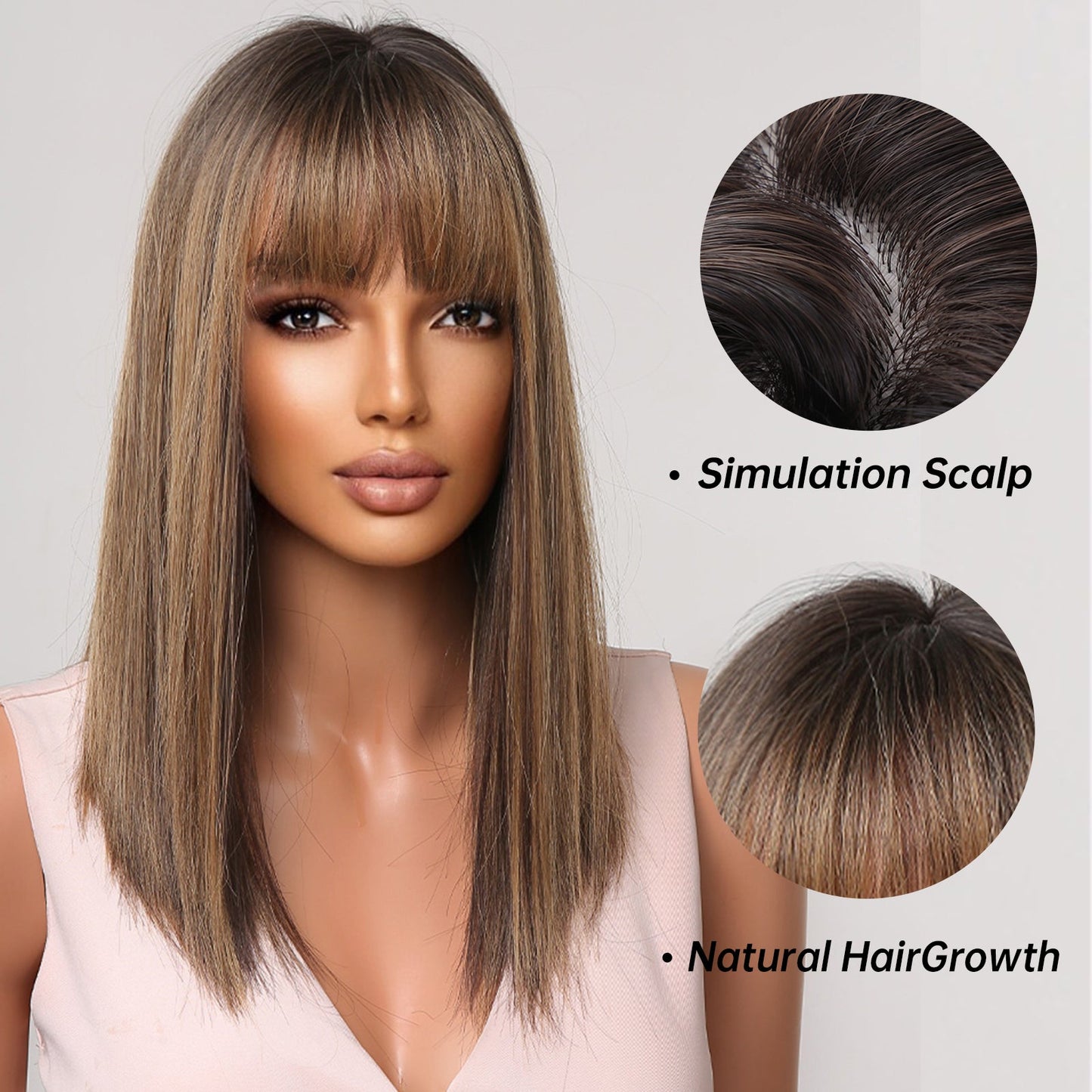 LC5225-1 16 inch Long straight black ombre blonde wigs with bangs wigs for women for daily life