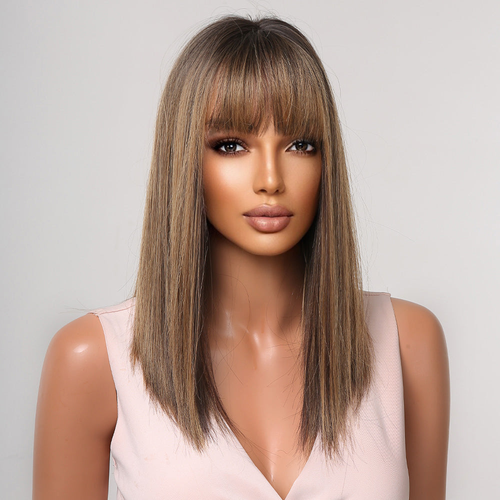 LC5225-1 16 inch Long straight black ombre blonde wigs with bangs wigs for women for daily life