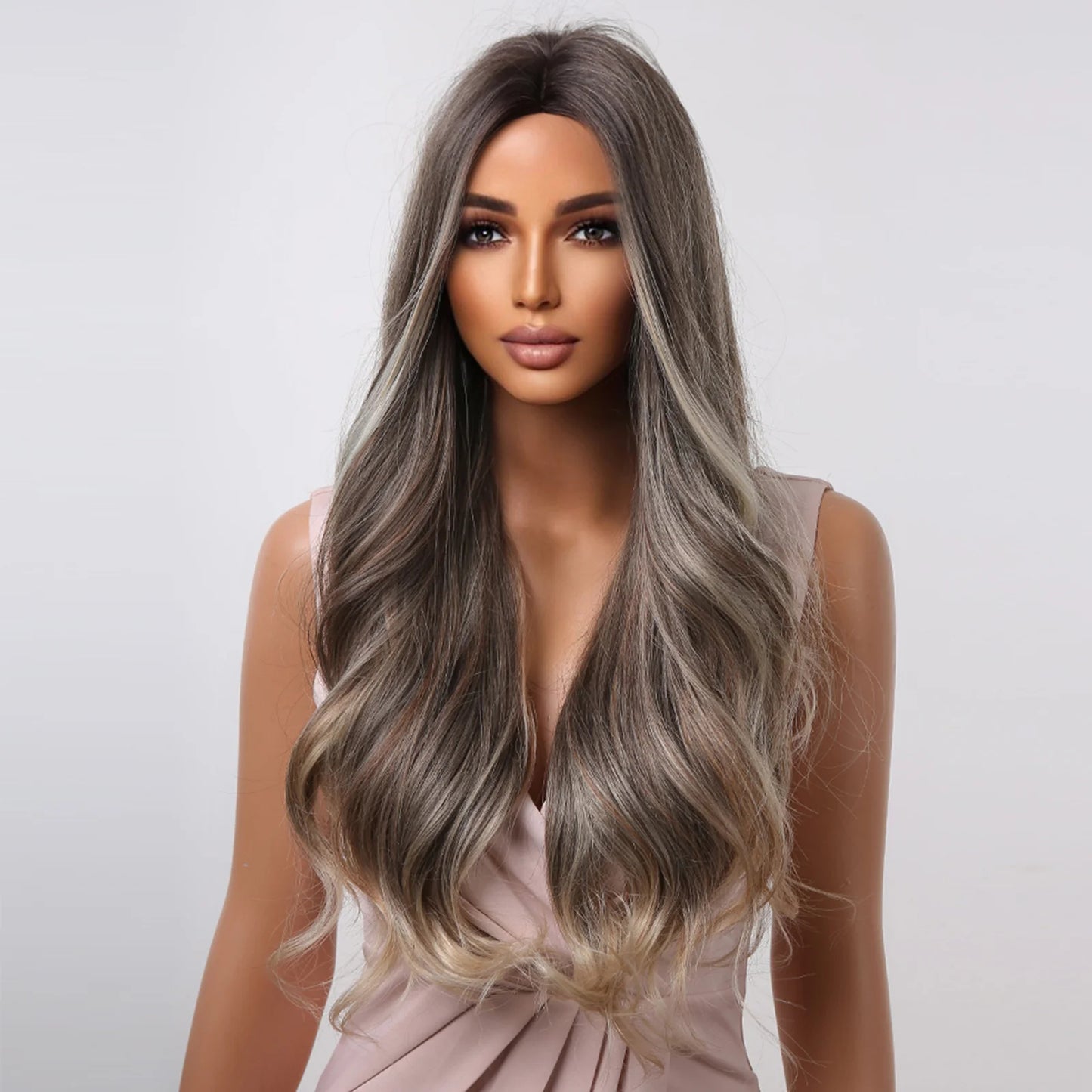 LC2008-3  24 Inches Long Curly Black Gray Wigs with Ivory Highlight Women's Wigs for Daily or Cosplay Use