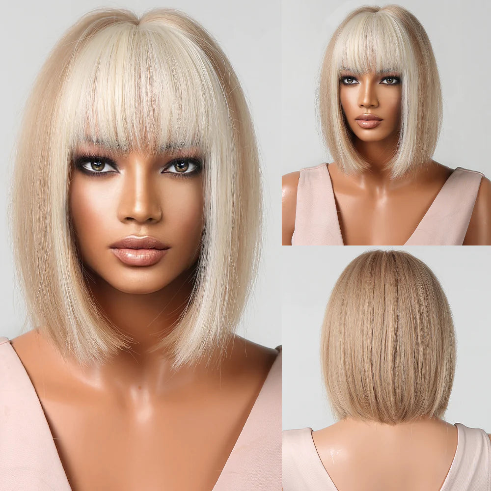 LC2080-10 12 Inches Short Straight Blonde Bobo Wigs with Ivory Bangs Synthetic Wigs for Women Daily Use