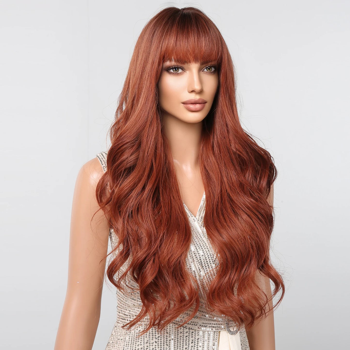 LC2097-2 30 Inch brown long curly wigs with bangs wigs for women
