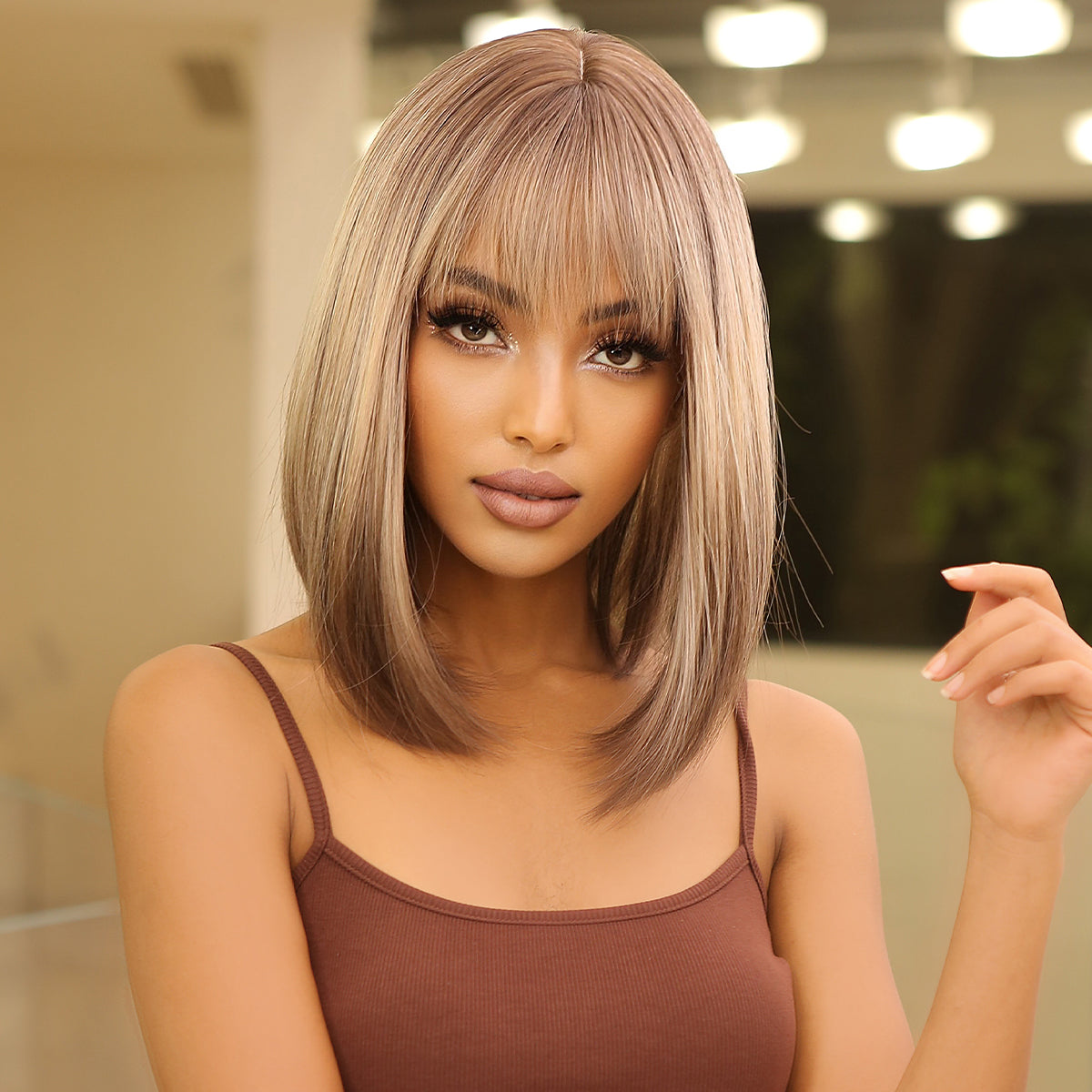 LC2067-1 16 inches ombre blonde hair shoulder length straight hair with bangs for women dailywear