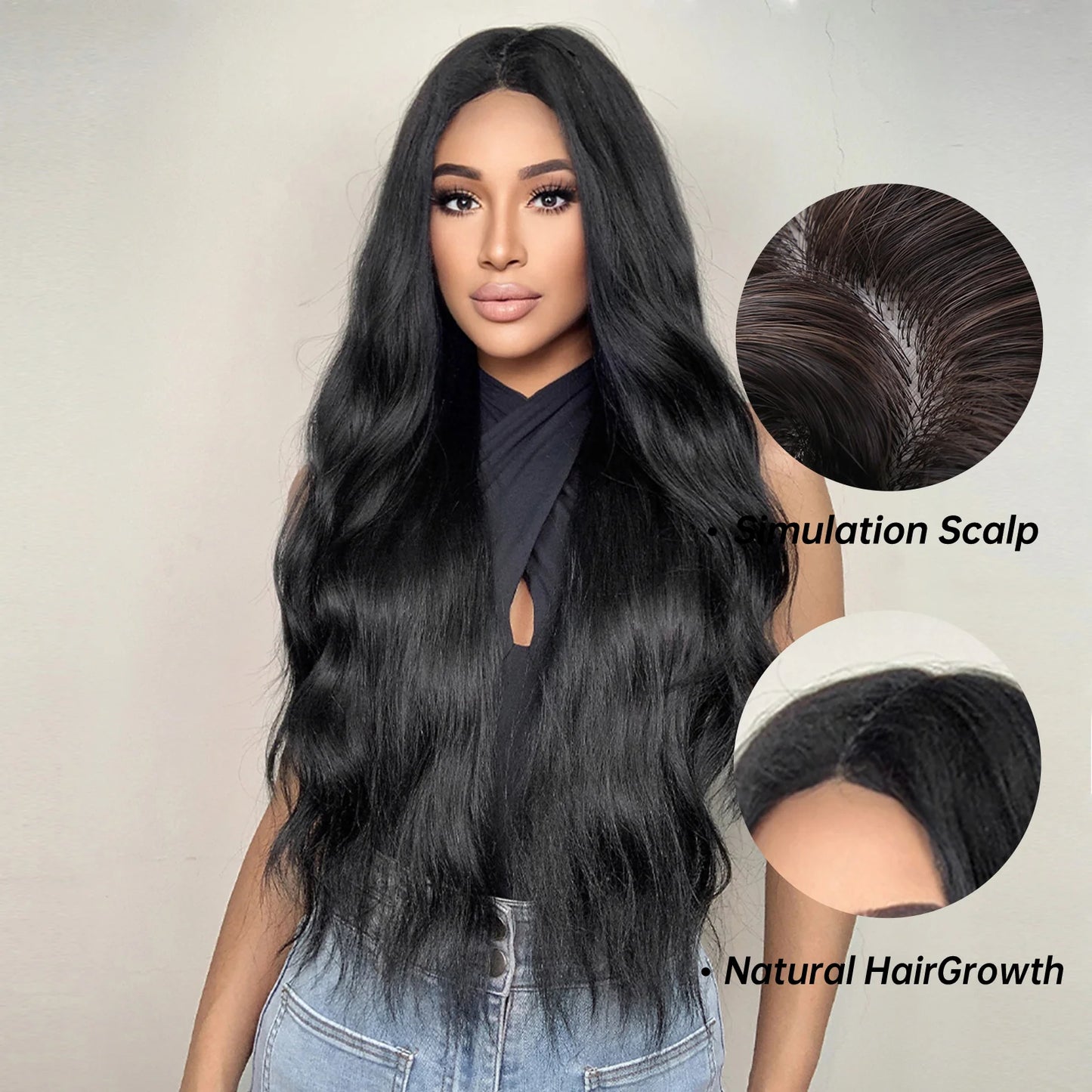 LC2007-1 28 inch Long Black Wavy Wig Middle Part