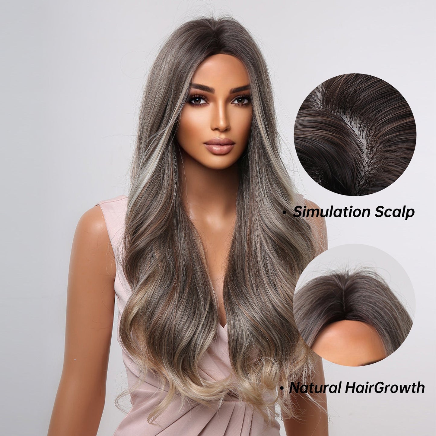 LC2008-3  24 Inches Long Curly Black Gray Wigs with Ivory Highlight Women's Wigs for Daily or Cosplay Use