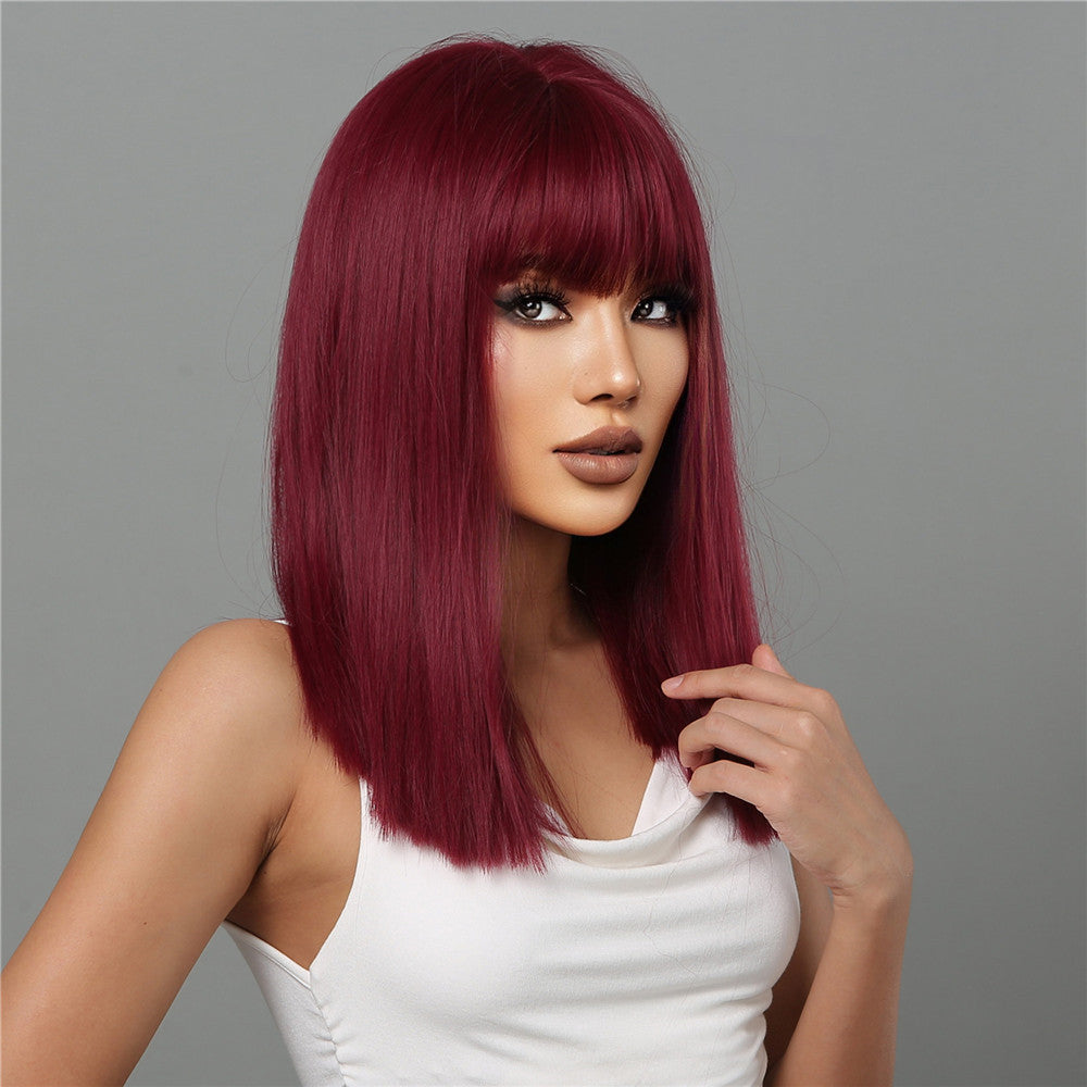 LC2072-1 18 Inch Long Straight Wine Red Wigs with Bangs Wigs for Women