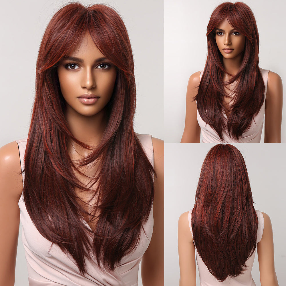 LC2068-3 22 Inch-long red straight wigs with bangs wigs for women