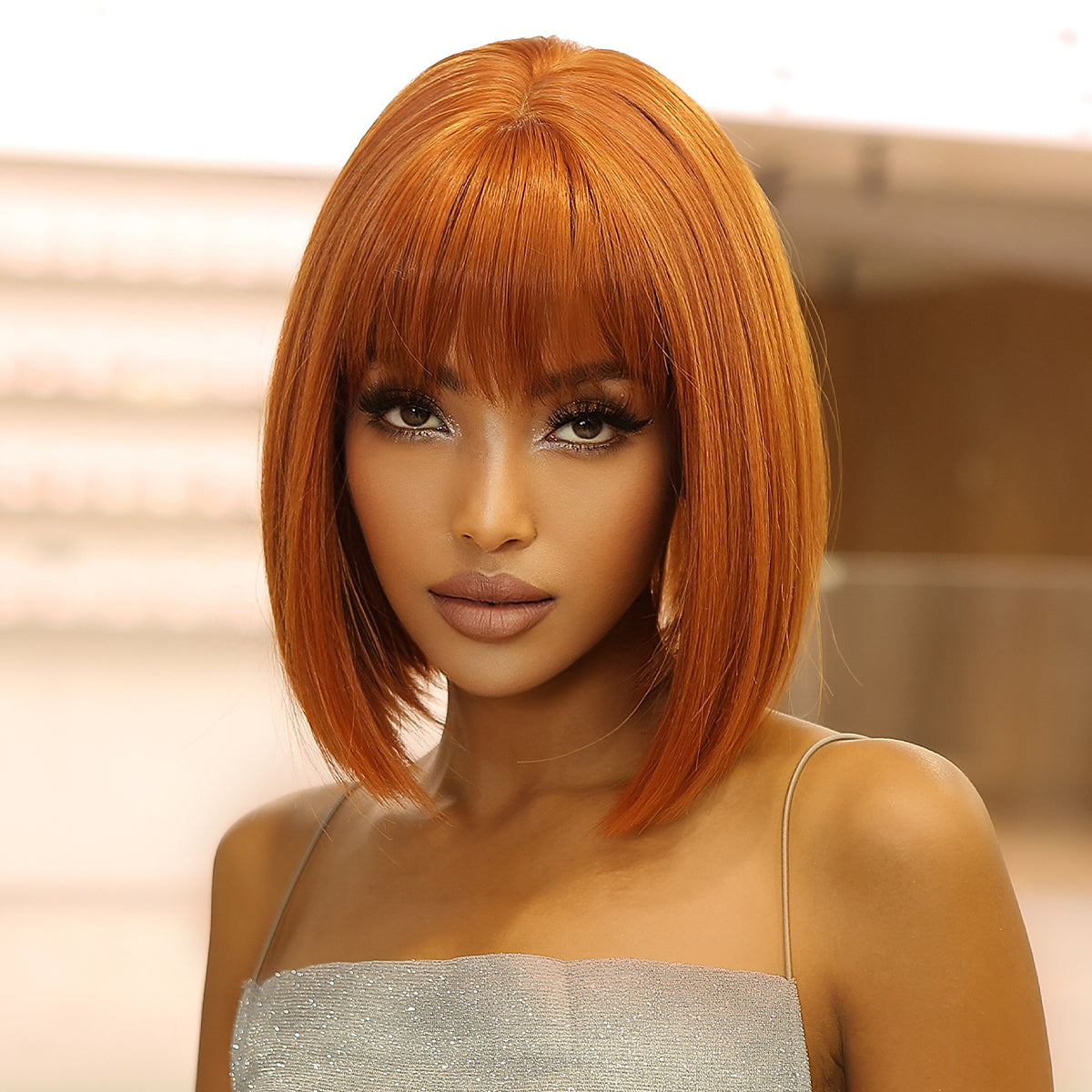 LC2071-3 short straight bobo wigs orange with bangs wigs for women for daily life