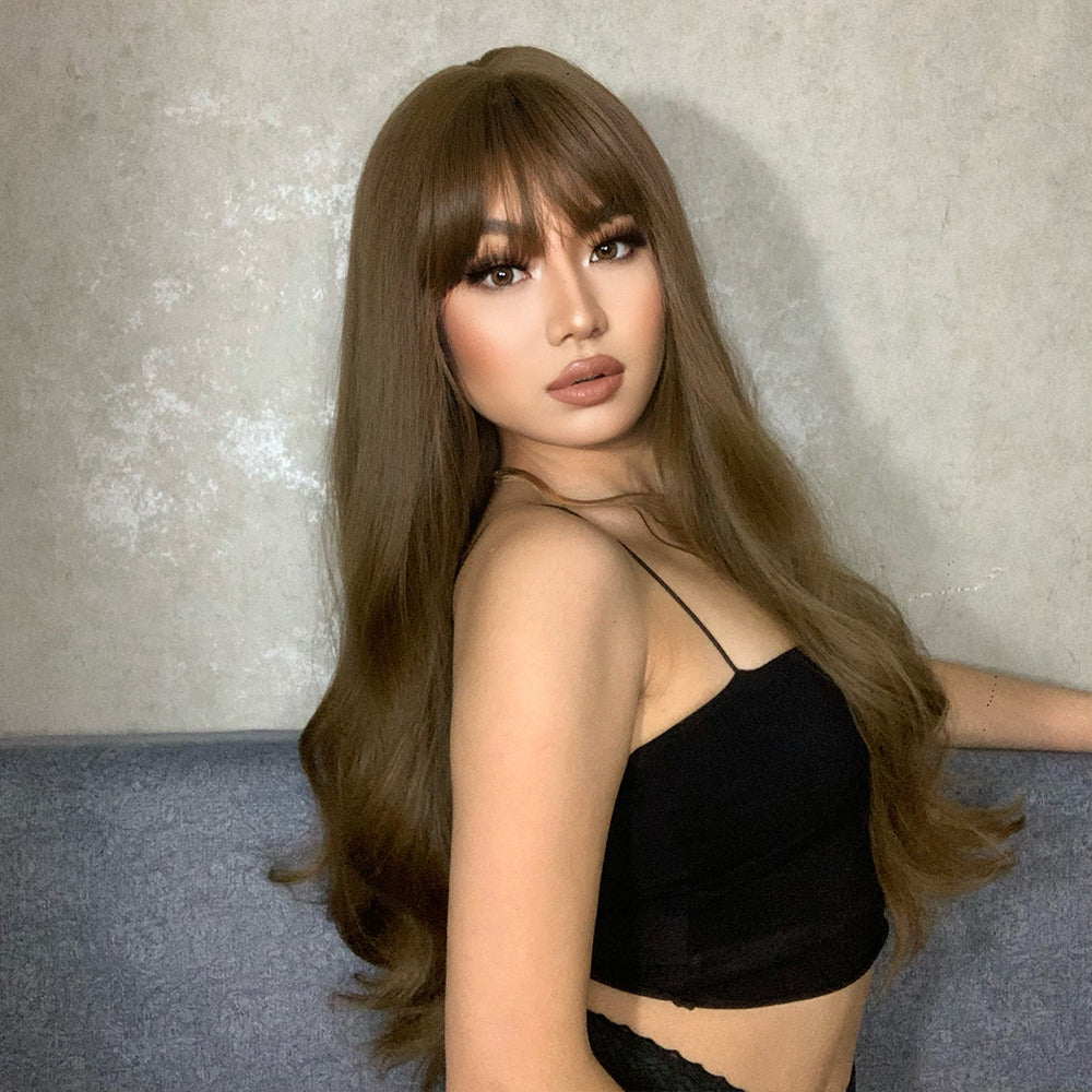 LC6103-1 Long curly wigs light brown with bangs wigs for women for daily life