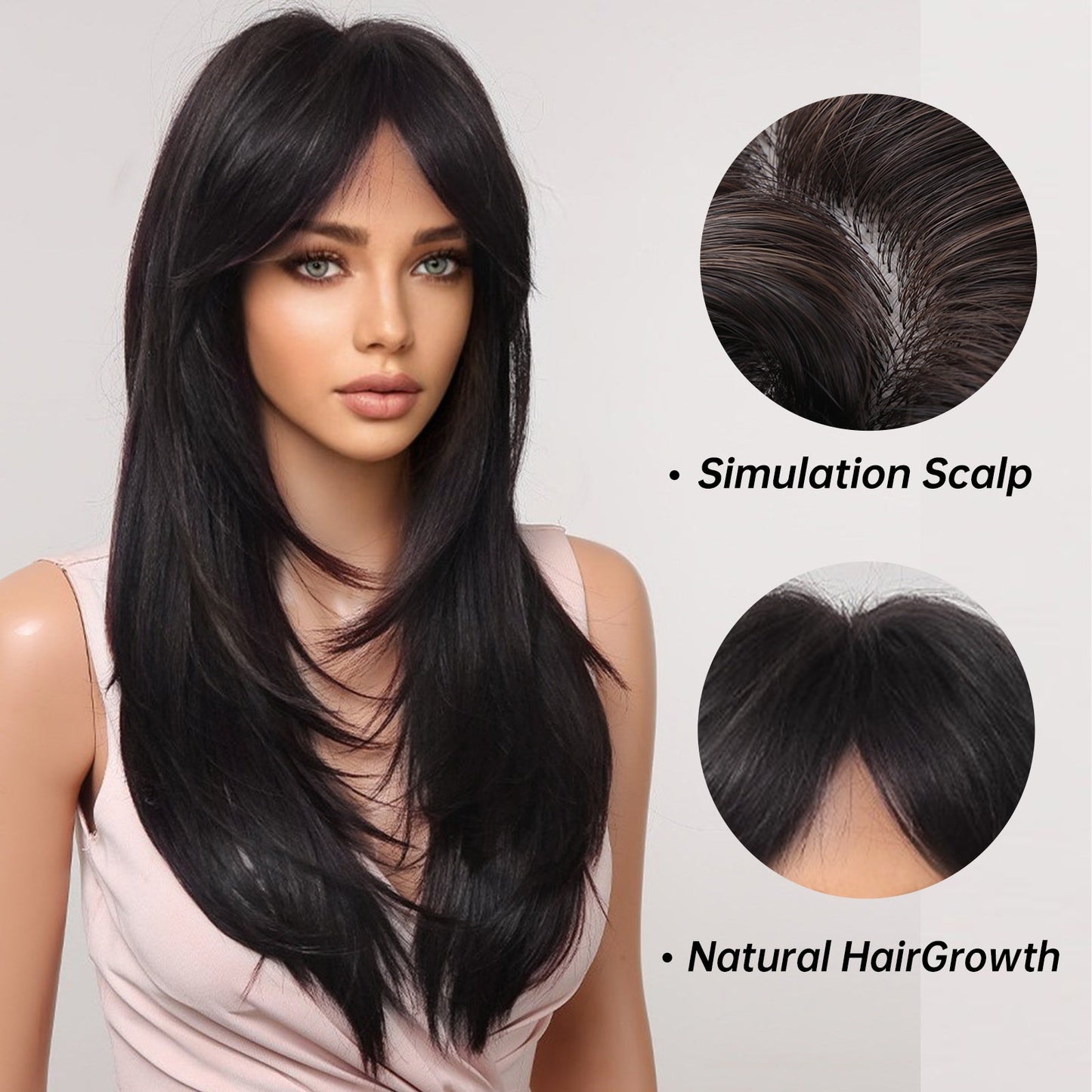 LC2068-8 22 Inches Long Straight Black Wigs Layered Wigs Synthetic Wigs for Women for Daily or Cosplay Use