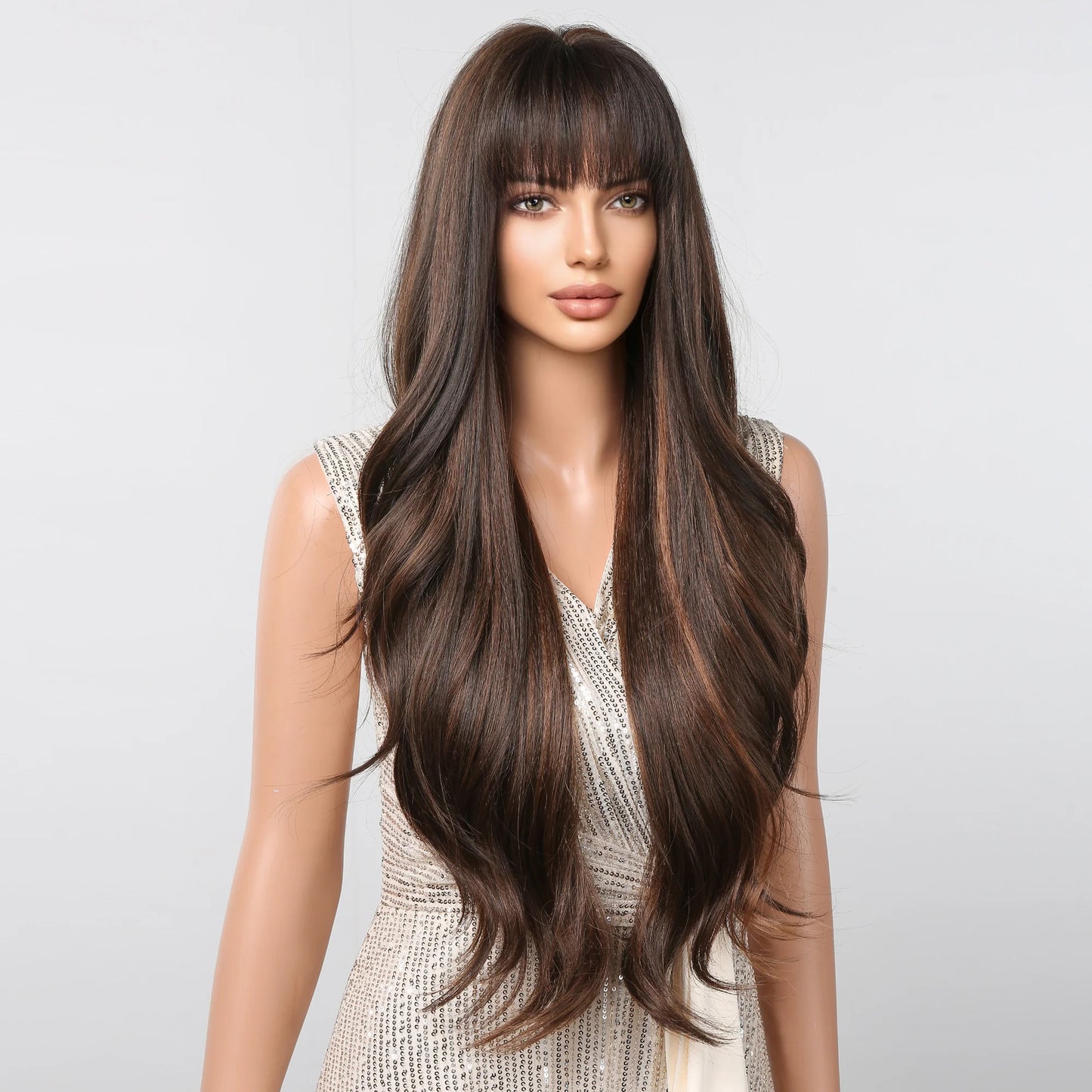 LC2094-3 28 Inches Long Curly Brown Wigs with Bangs Synthetic Wigs for Women Daily Use Party or Cosplay Taking Photos
