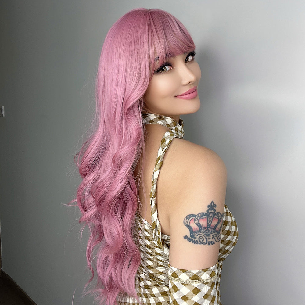 LC6124-1 24 Inches Long Curly Pink Wigs with Bangs and Black Roots Synthetic Wigs Women's Wigs for Daily or Cosplay Use