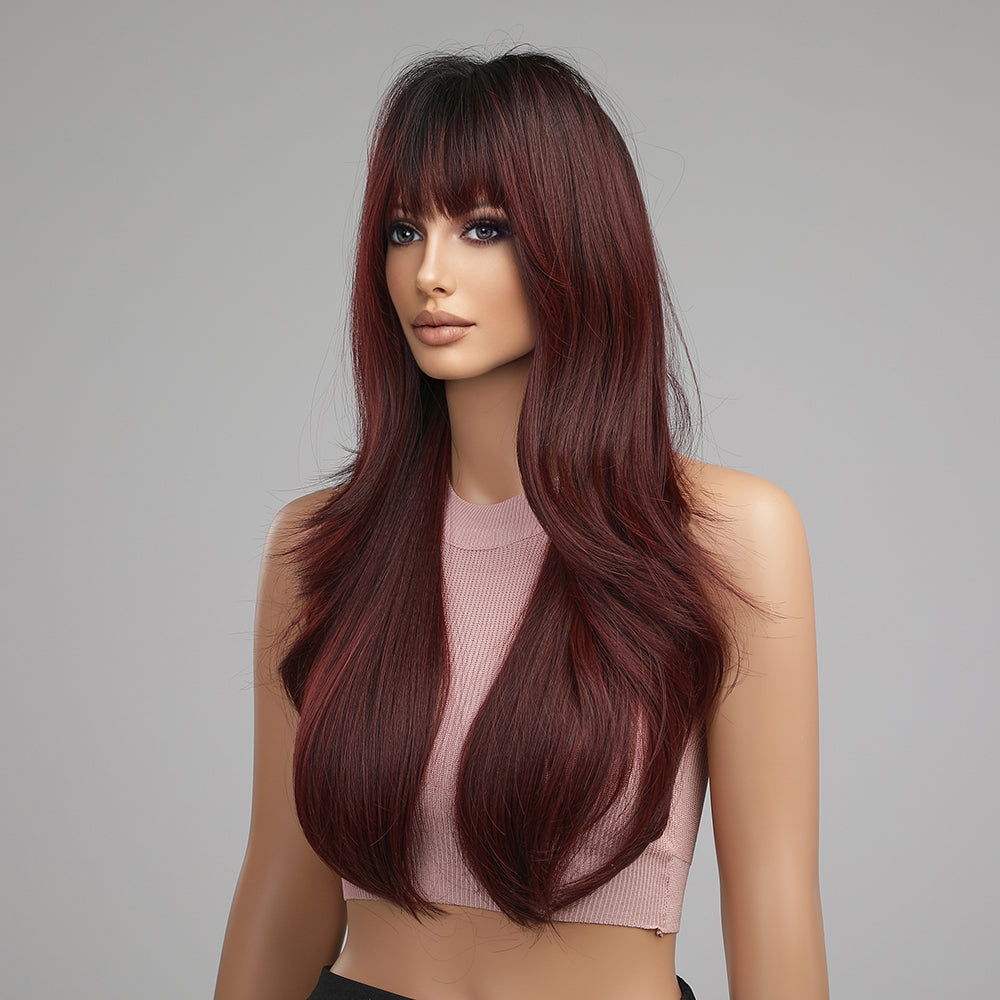 LC8074-1 26 Inches Long Curly Wine Red Wigs with Bangs Synthetic Wigs Women's Wigs for Daily or Cosplay Use