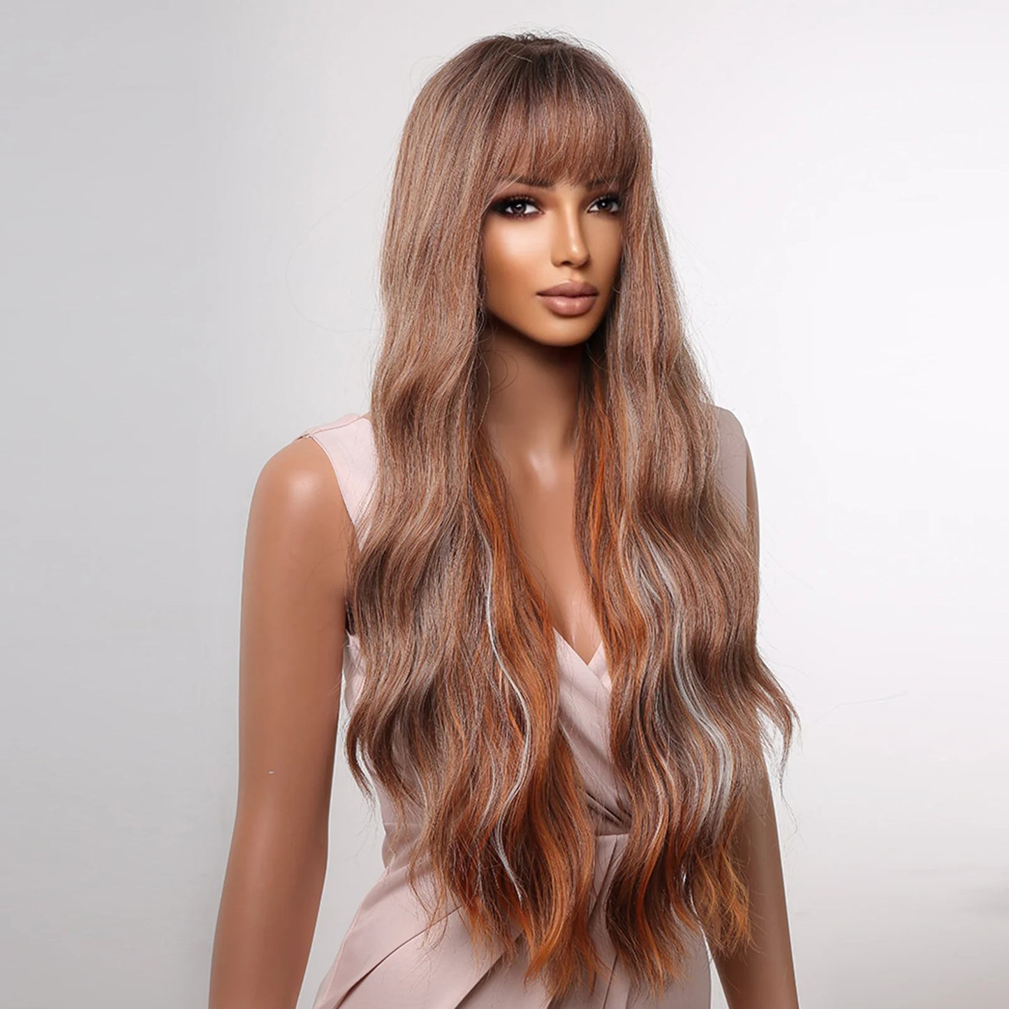 LC2059-1 30 inch Long Brown Mixed Gray Wavy Wig for Women