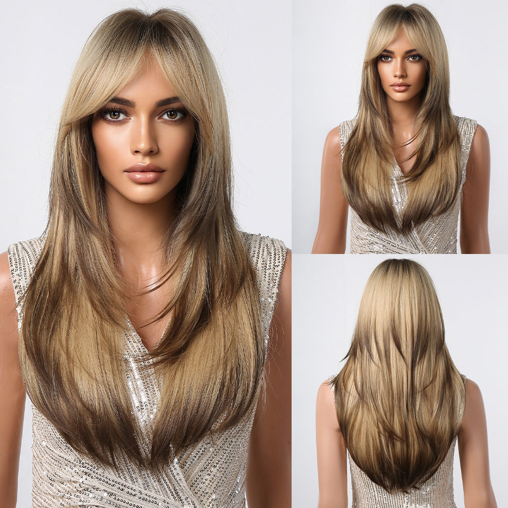 LC2068-13 22 Inches Long Straight Blonde Ombre Brown Layered Wigs with Bangs Synthetic Wigs for Women Daily Use Party or Cosplay Taking Photos