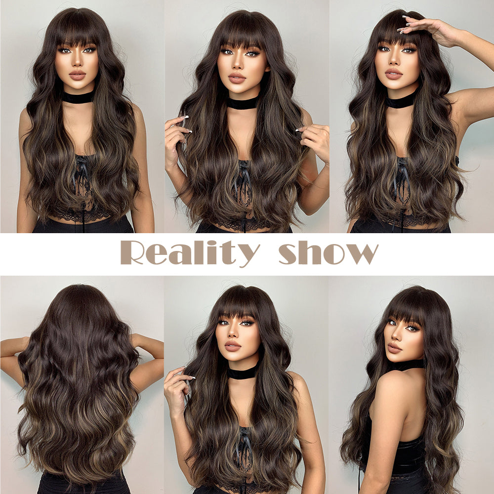 LC1029-1 26 Inches Long Curly Brown Wigs with Bangs and Black Roots Synthetic Wigs Women's Wigs for Daily or Cosplay Use