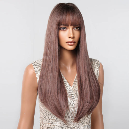 LC2096-3 28 Inch long straight wigs light brown wigs with bangs wigs