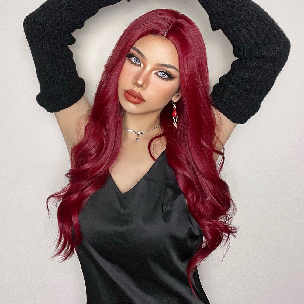 LC6144-1 24 Inches Long Curly Wine Red Wigs Synthetic Wigs Women's Wigs for Daily Use,Cosplay or Party Taking Photos