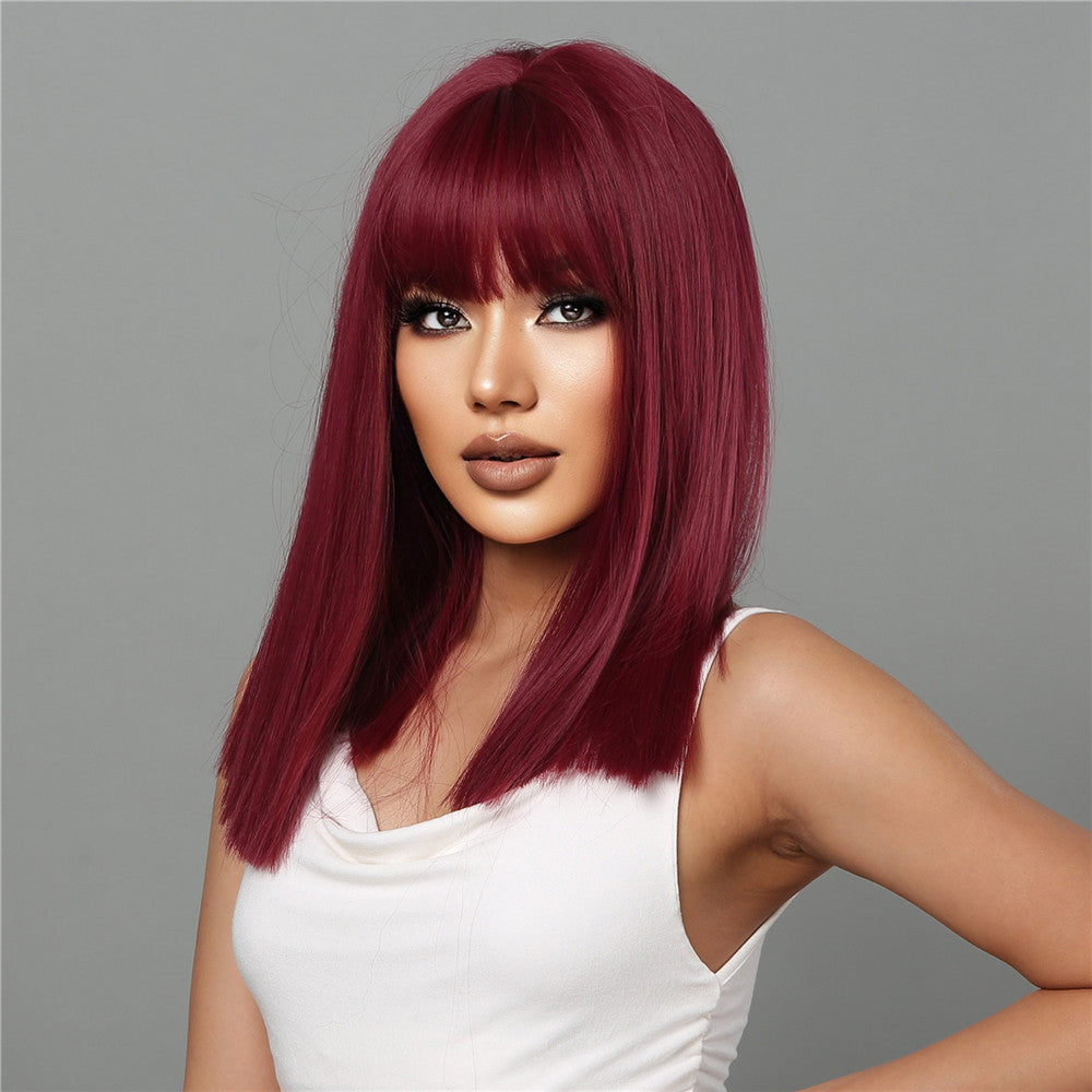 LC2072-1 18 Inch Long Straight Wine Red Wigs with Bangs Wigs for Women