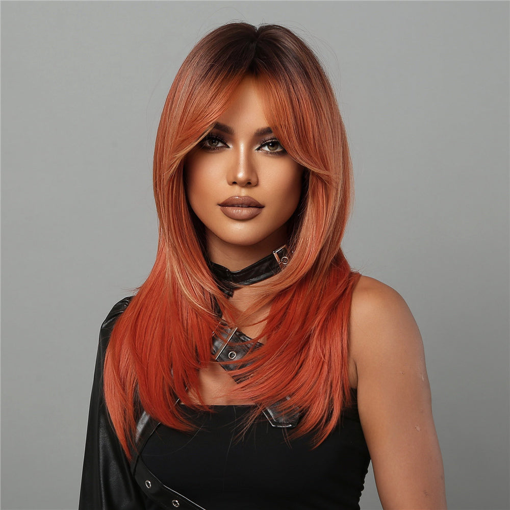 LC2068-2 22 Inches Long Straight Orange Ombre Black Layered Wigs Synthetic Wigs for Women for Daily or Cosplay Use