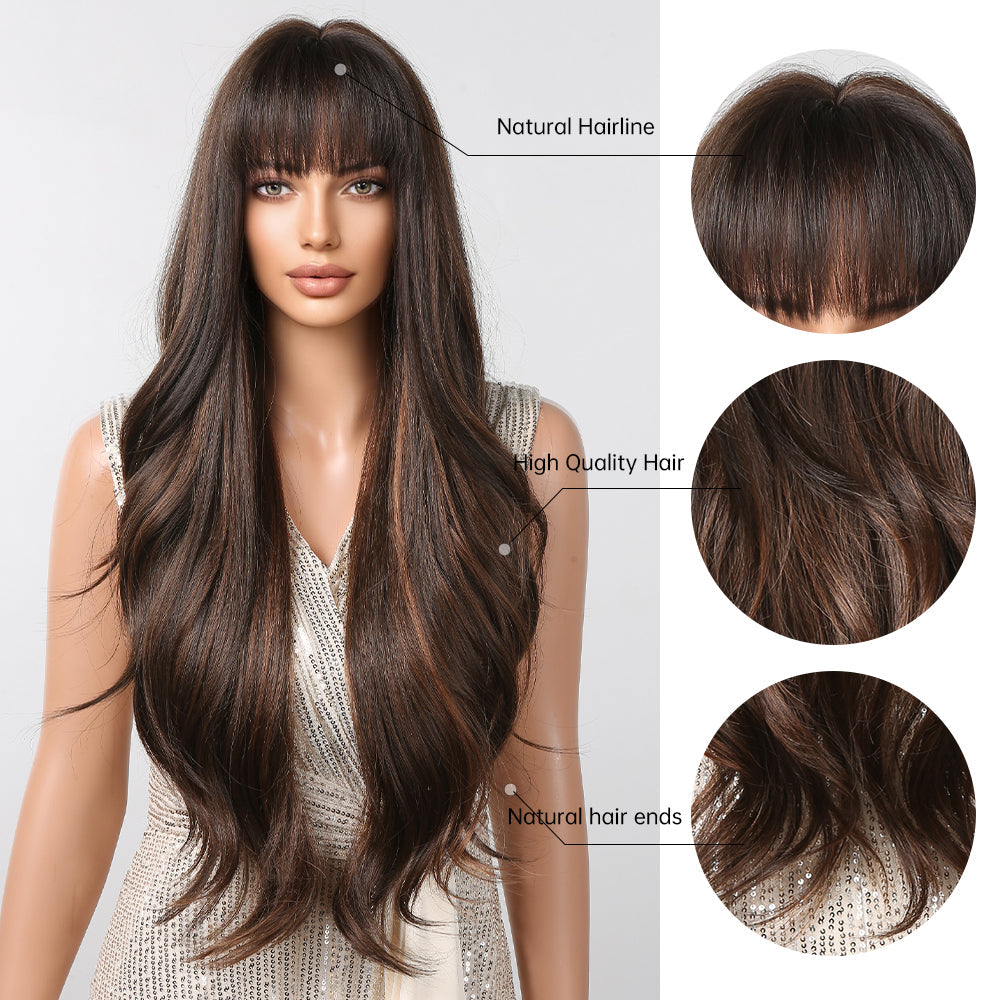 LC2094-3 28 Inches Long Curly Brown Wigs with Bangs Synthetic Wigs for Women Daily Use Party or Cosplay Taking Photos