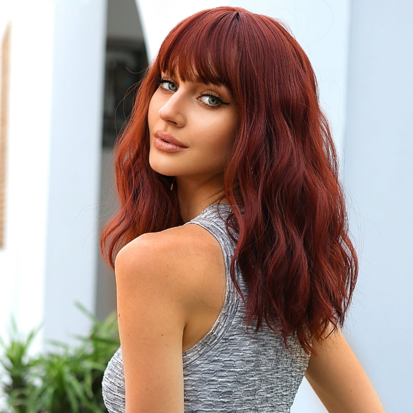 WL1065-1 16 Inch Dark Red Wavy Bob wigs for Women