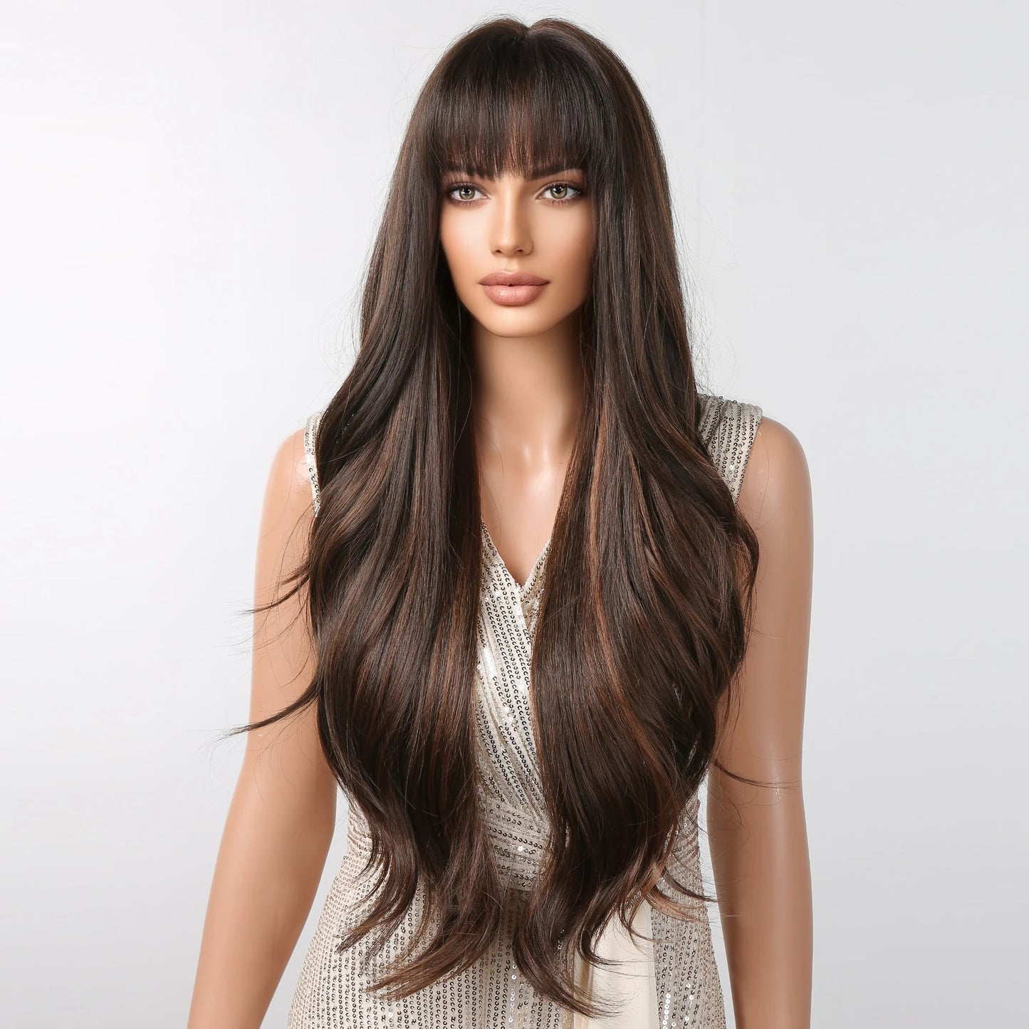 LC2094-3 28 Inches Long Curly Brown Wigs with Bangs Synthetic Wigs for Women Daily Use Party or Cosplay Taking Photos