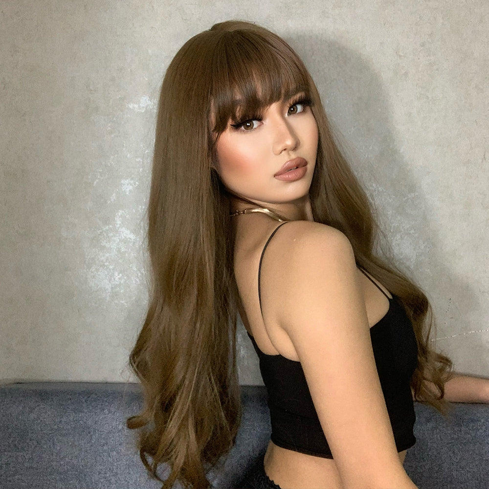 LC6103-1 Long curly wigs light brown with bangs wigs for women for daily life
