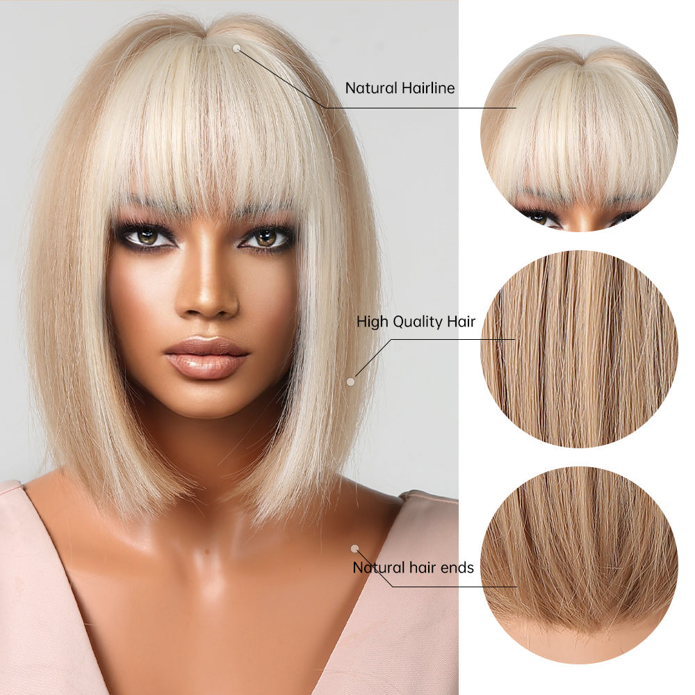 LC2080-10 12 Inches Short Straight Blonde Bobo Wigs with Ivory Bangs Synthetic Wigs for Women Daily Use