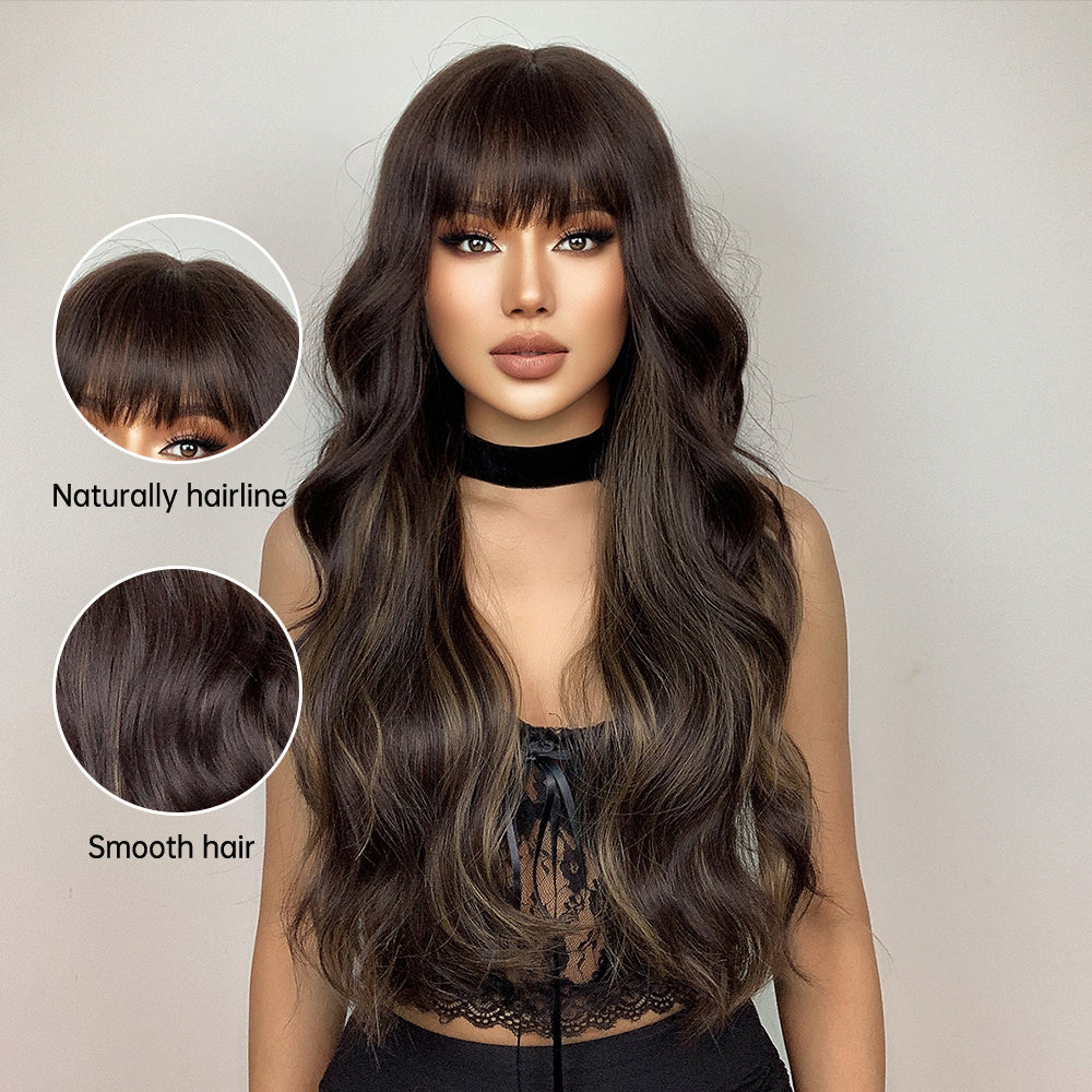 LC1029-1 26 Inches Long Curly Brown Wigs with Bangs and Black Roots Synthetic Wigs Women's Wigs for Daily or Cosplay Use