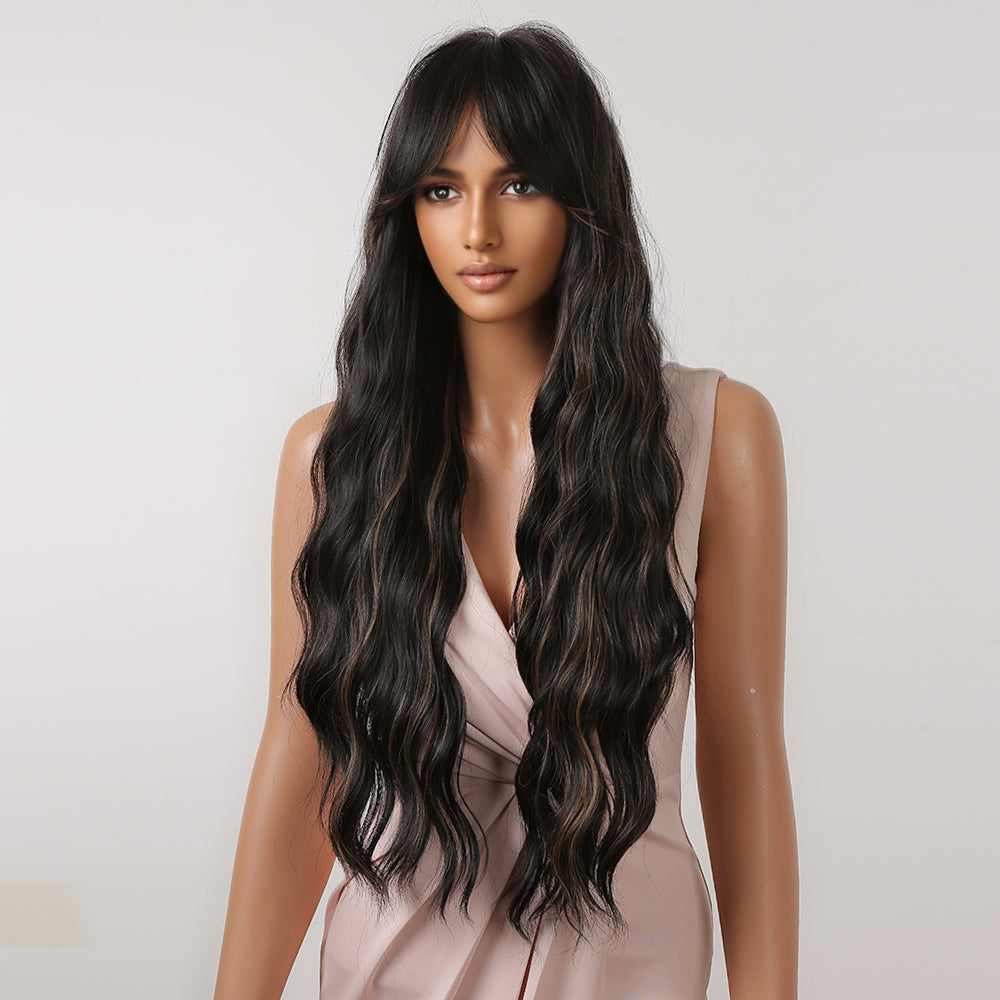 LC2077-1  24 Inches Long Curly Lack Wigs wirh Bangs and Blonde Highlight Women's Wigs for Daily or Cosplay Use