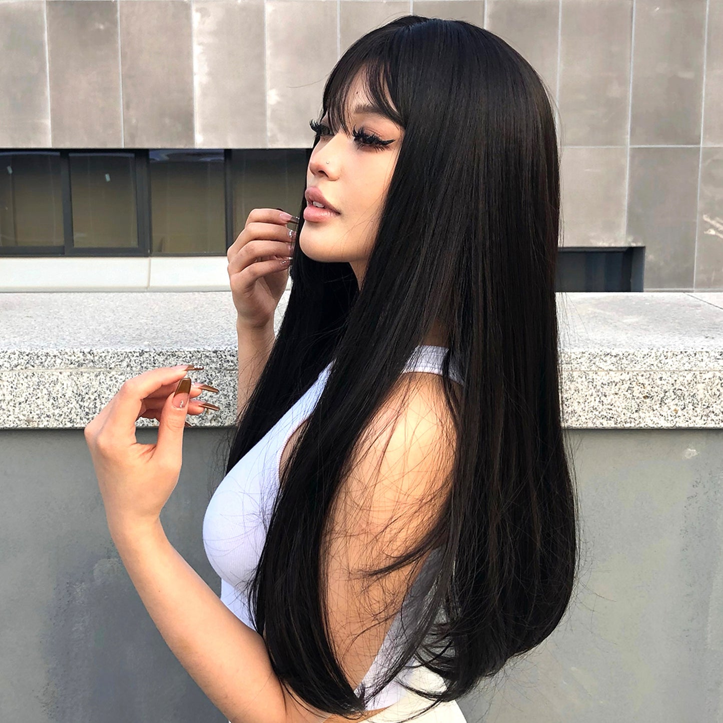 WL1053-1 24 Inches Long Straight Black Wigs with Bangs Women's Wigs for Daily,Party or Cosplay Use WL