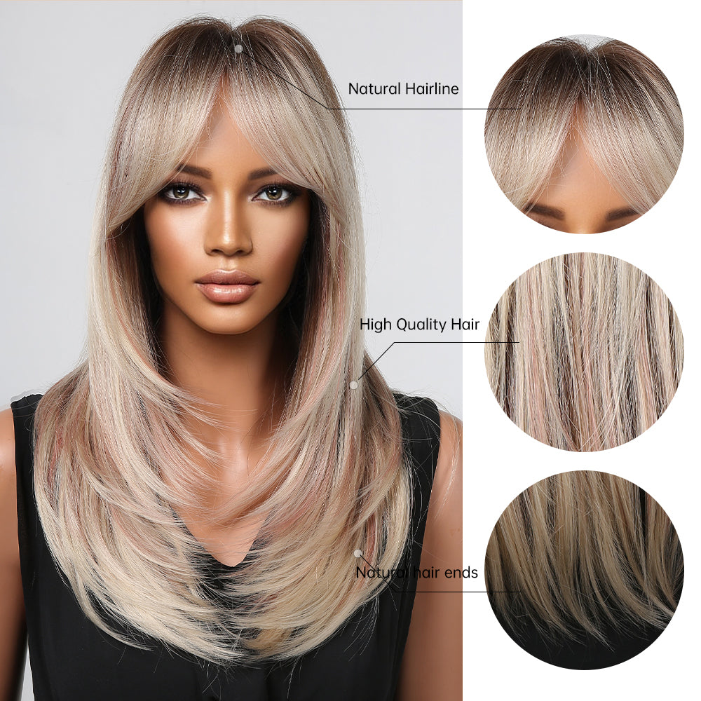 LC2068-12 20 Inches Long Straight Blonde Synthetic Wigs with Bangs Women's Wigs for Daily or Cosplay Use