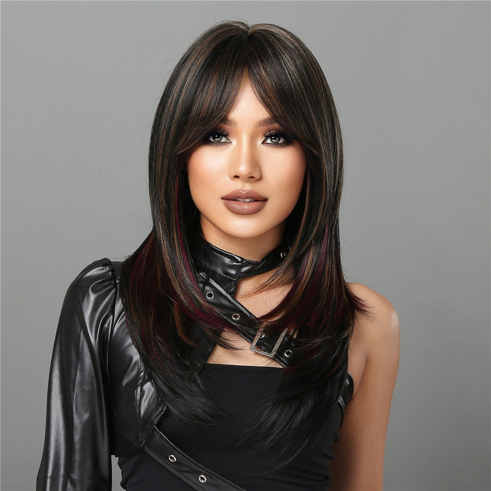 LC2068-1 22 Inch-long black straight wigs with bangs wigs for women