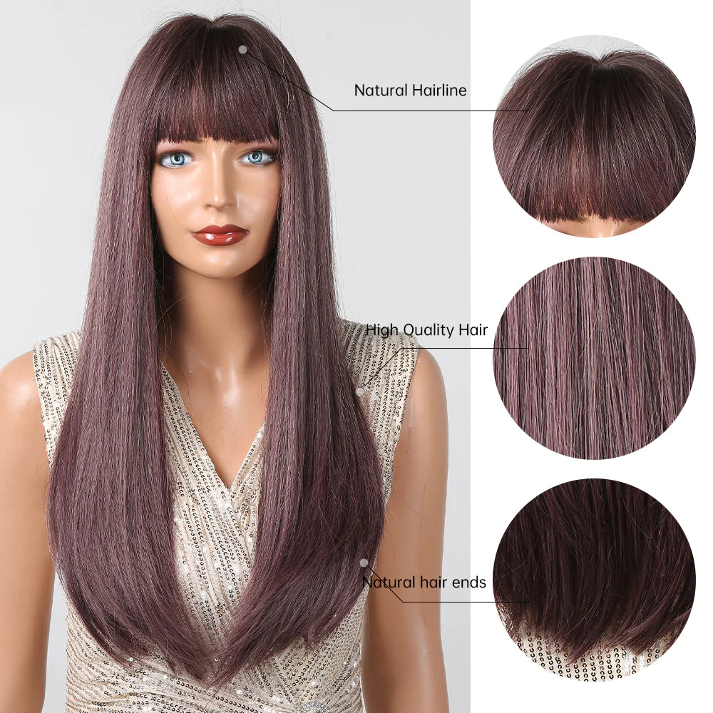 LC2096-4 26 Inches Long Brown Wigs with Bangs Synthetic Wigs Women's Wigs Daily Use Party or Cosplay Taking Photos