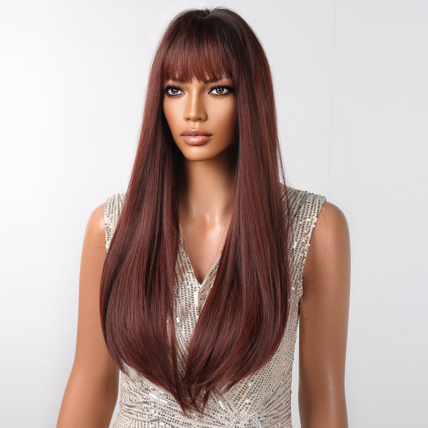 LC2096-2 28 inch Long straight wigs black ombre wine red Wigs with bangs wigs