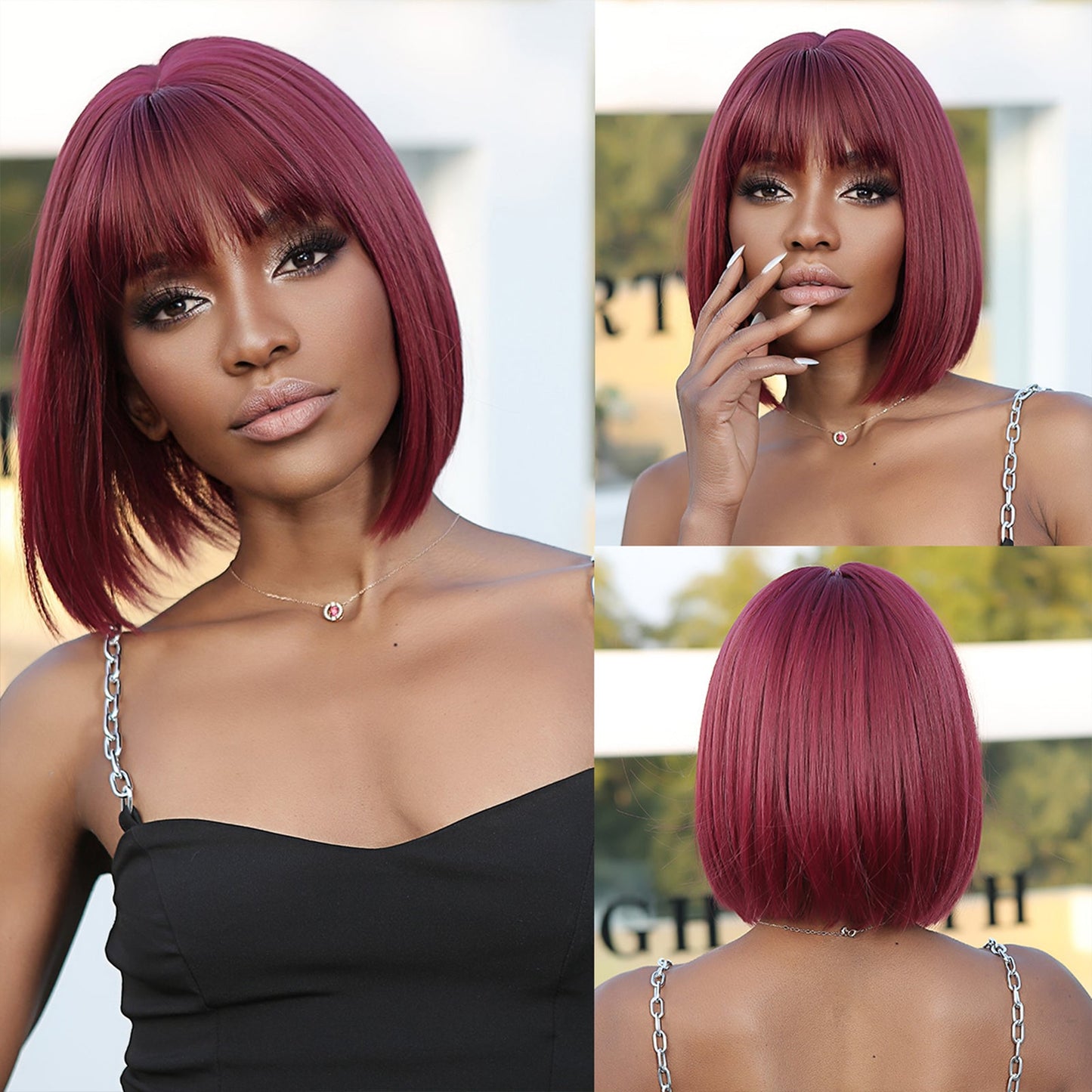 LC2071-1 12 Inches Short Straight Wine Red Bobo Wigs Synthetic Fiber Wigs Women's Wigs Daily Use for Party or Cosplay Photos