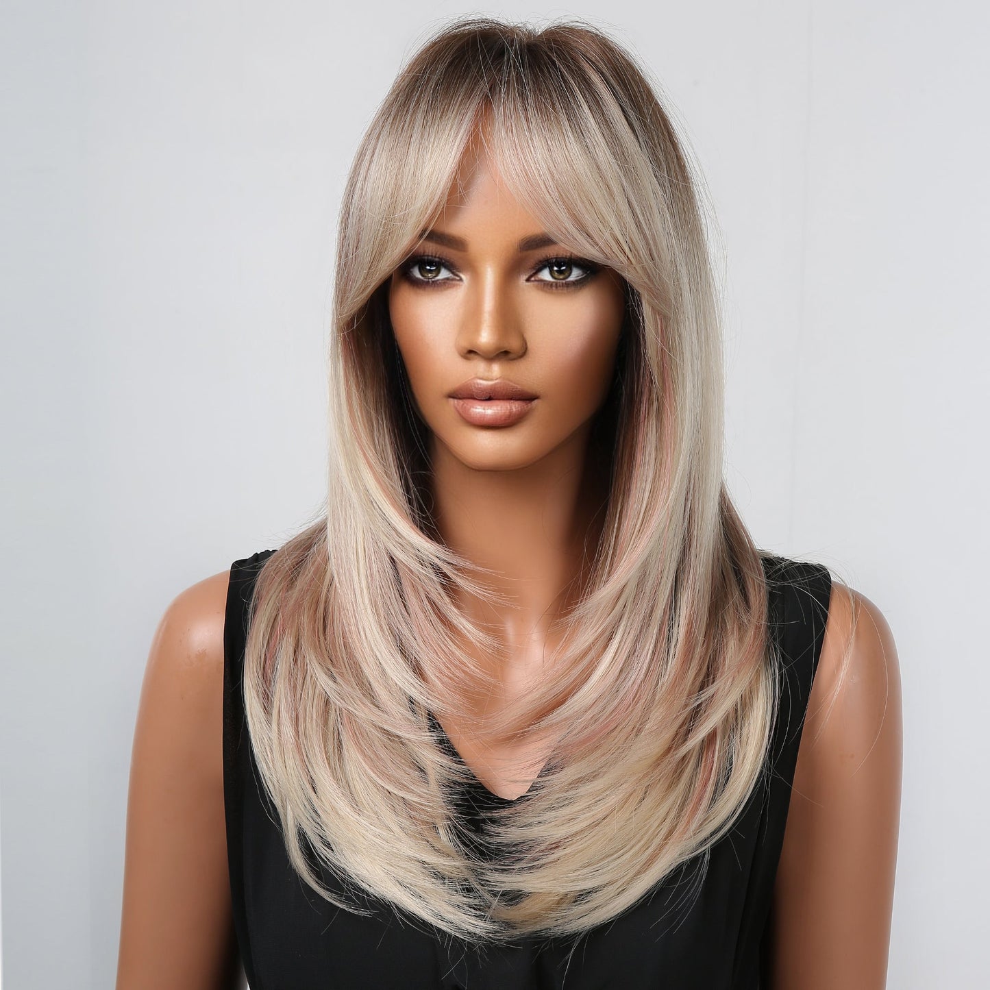 LC2068-12 20 Inches Long Straight Blonde Synthetic Wigs with Bangs Women's Wigs for Daily or Cosplay Use