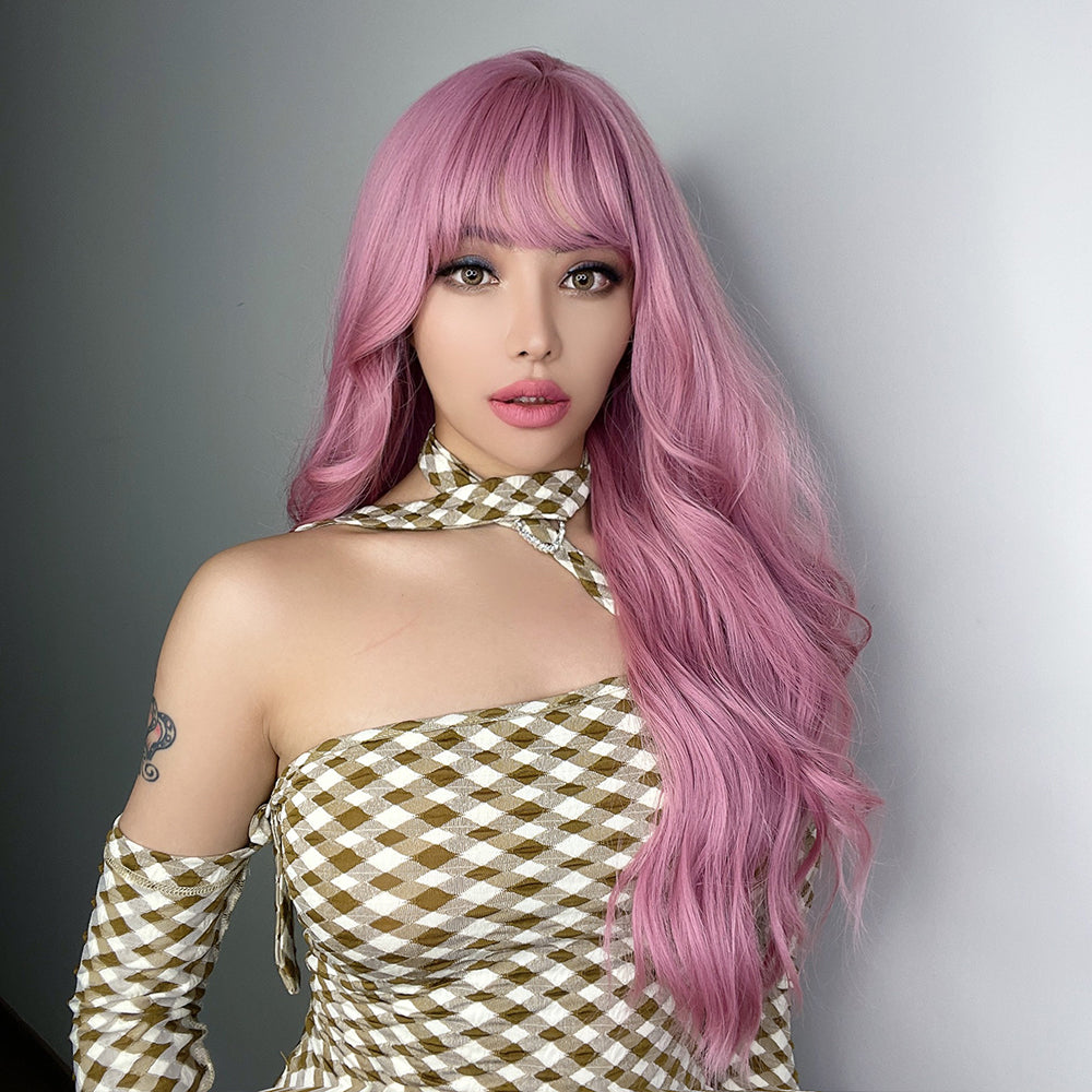 LC6124-1 24 Inches Long Curly Pink Wigs with Bangs and Black Roots Synthetic Wigs Women's Wigs for Daily or Cosplay Use