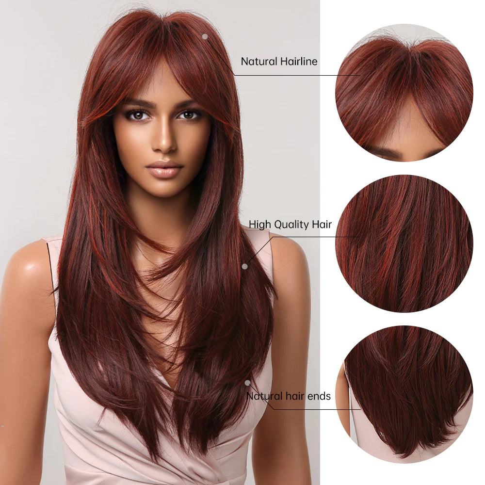 LC2068-3 22 Inch-long red straight wigs with bangs wigs for women